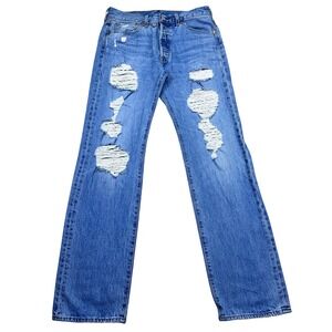 Levi's 501 Distressed Ripped Straight Leg Button Fly Jeans Sz 32 Fits 30"‎ Denim